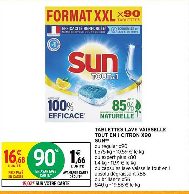 tablettes lave vaisselle tout en 1 citron x 90 sun ou regular x 90 ou expert plus x 80 ou capsules lave vaisselle tout en 1 absolu dégraissant x 56 ou brillance x 56
