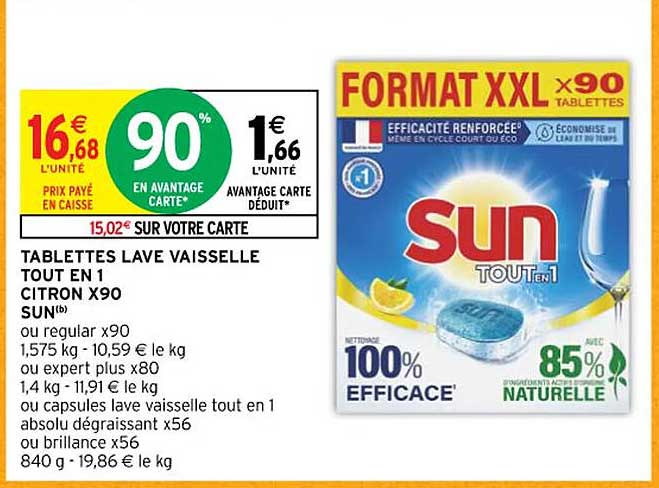 tablettes lave vaisselle tout en 1 citron x90 sun ou regular ou expert plus ou capsules lave vaisselle tout en 1 absolu dégraissant x56 ou brillance x56
