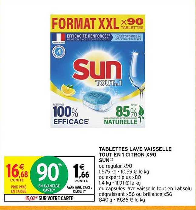 tablettes lave vaisselle tout en 1 citron x90 sun ou regular x90 ou expert plus x80 ou capsules lave vaisselle tout en 1 absolu dégraissant x56 ou brillance x56