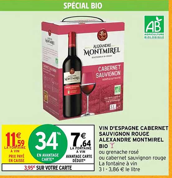 vin d'espagne cabernet sauvignon rouge alexandre montmirel bio ou grenache rosé ou cabernet sauvignon rouge la fontaine à vin