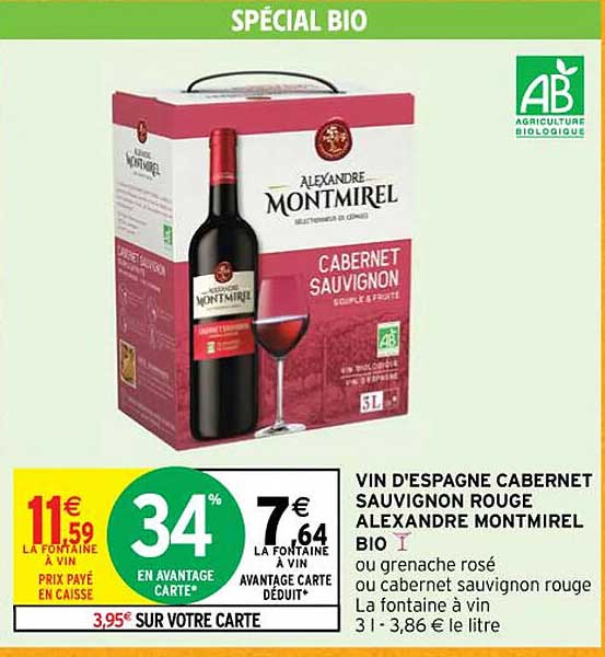 vin d'espagne cabernet sauvignon rouge alexandre montmirel bio ou grenache rosé ou cabernet sauvignon rouge la fontaine à vin