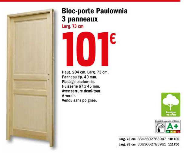 bloc-porte paulownia 3 panneaux