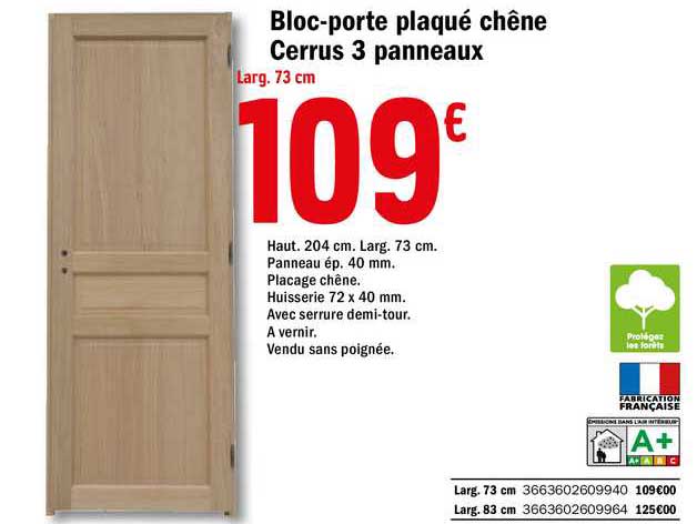 bloc-porte plaqué chêne cerrus 3 panneaux