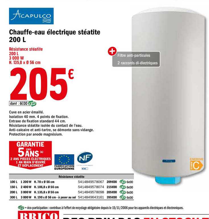 chauffe-eau électrique stéatite 200 l acapulco
