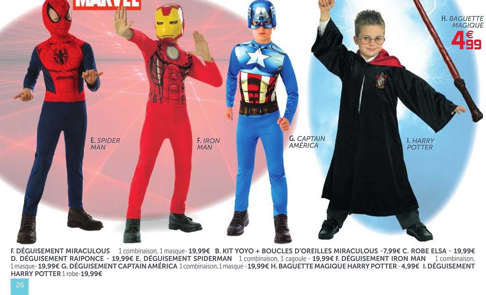 Déguisement Spider Man, Iron Man, Captain América, Harry Potter, Baguette Magique