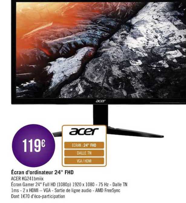 écran d'ordinateur 24" fhd acer kg241 bmiix