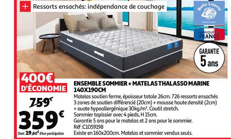 ensemble sommier + matelas thalasso marine 140 x 190 cm