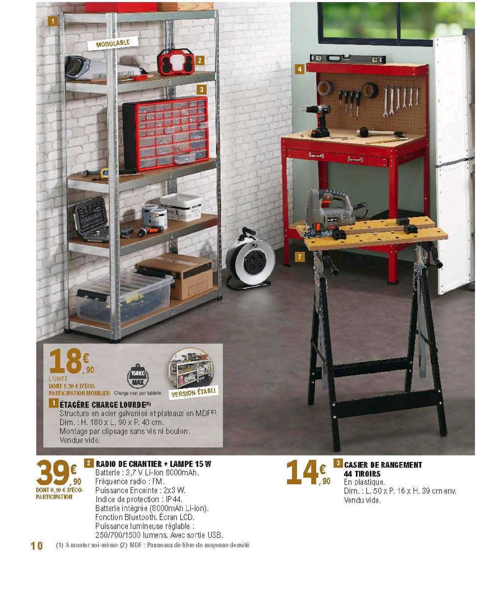 étagère charge lourde, radio de chantier + lampe 15 w + casier de rangement 44 tiroirs