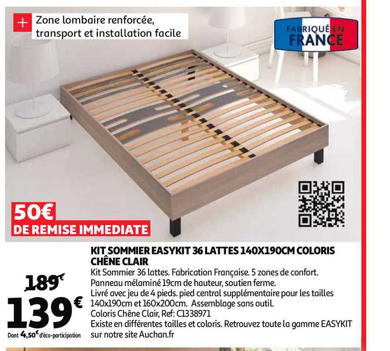 kit sommier easykit 36 lattes 140 x 190 cm coloris chêne clair
