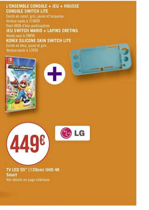 L'ensemble Console + Jeu + Housse Console Switch Lite, Jeu Switch Mario + Lapins Cretins, Konix Silicone Skin Switch Lite