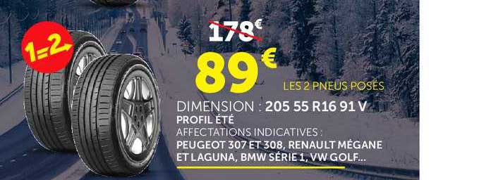 les 2 pneus posés peugeot 307 et 308, renault mégane et laguna, bmw série 1, vw golf