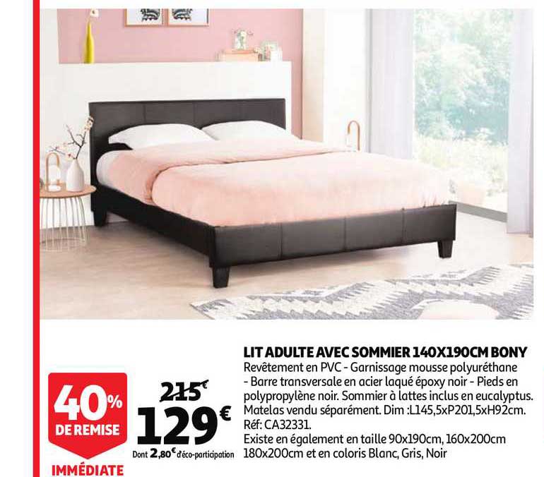 lit adulte avec sommier 140 x 190 cm bony