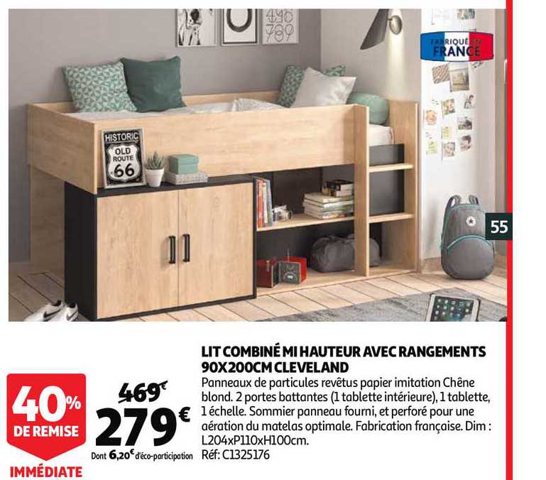 lit combiné mi hauteur avec rangements 90 x 200 cm cleveland