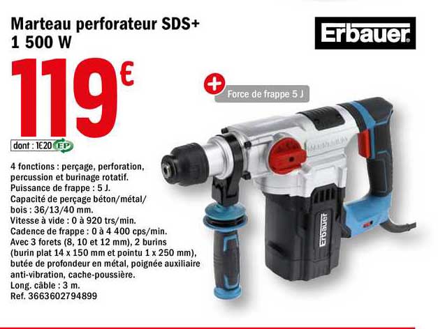 marteau perforateur sds + 1 500 w erbauer