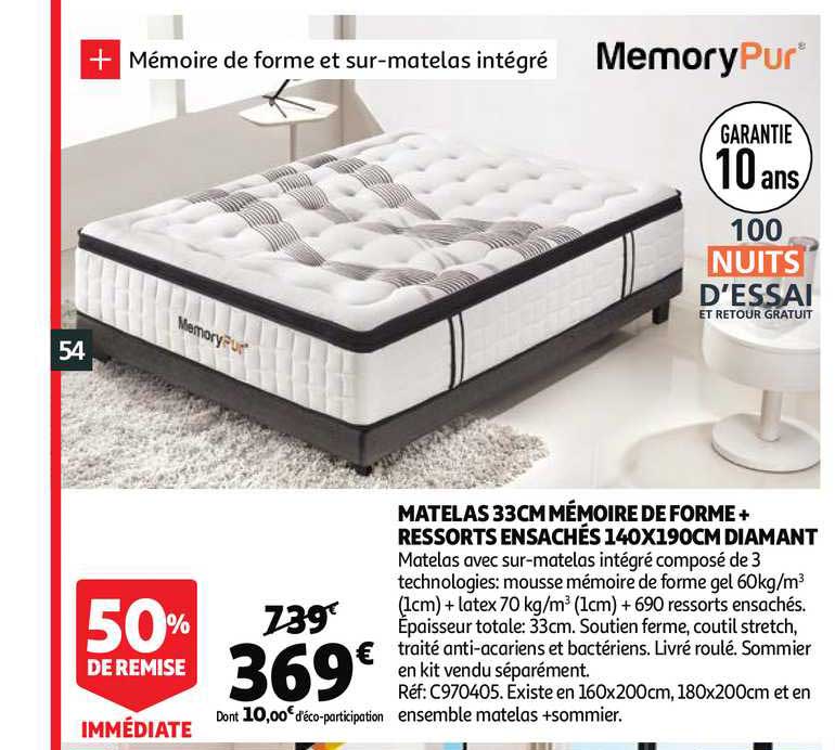 matelas 33 cm mémoire de forme + ressorts ensachés 140 x 190 cm diamant