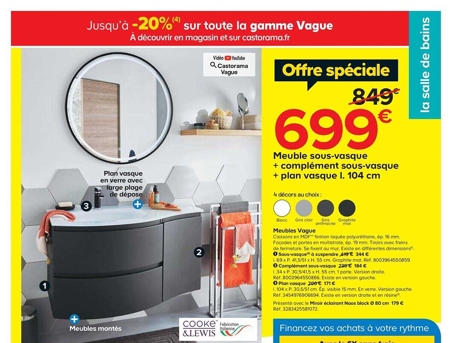 meuble sous-vasque + complément sous-vasque + plan vasque l. 104 cm