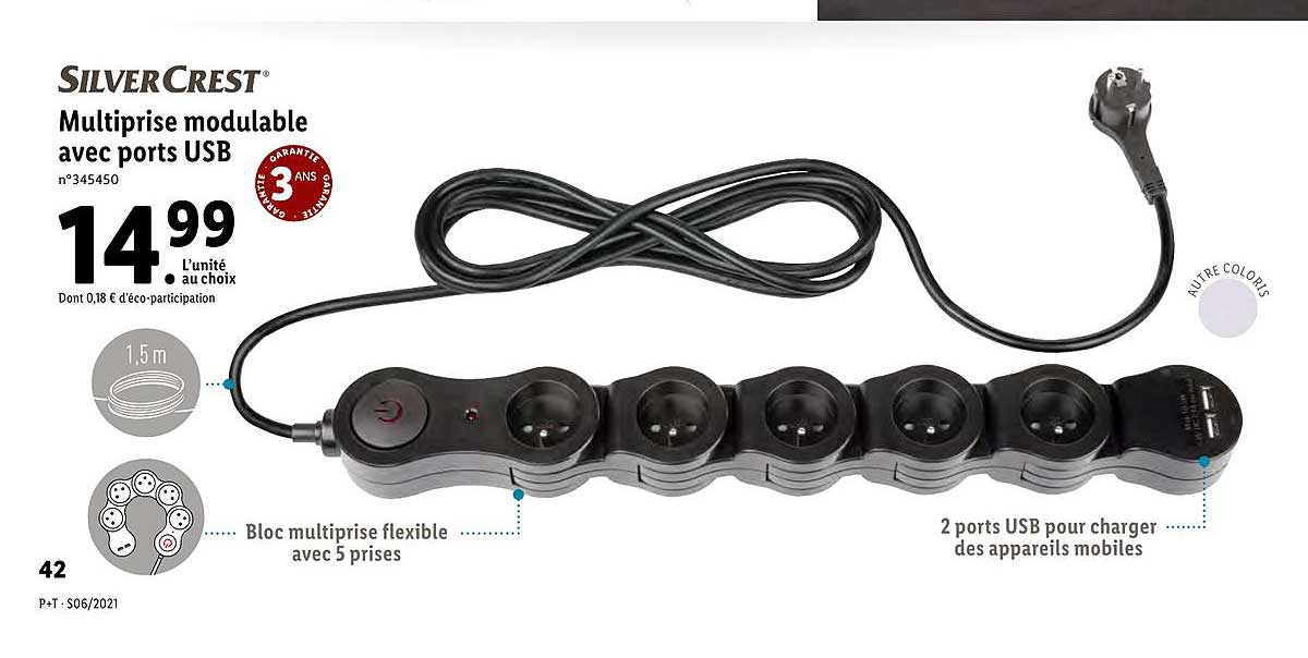 multiprise modulable avec ports usb silver crest