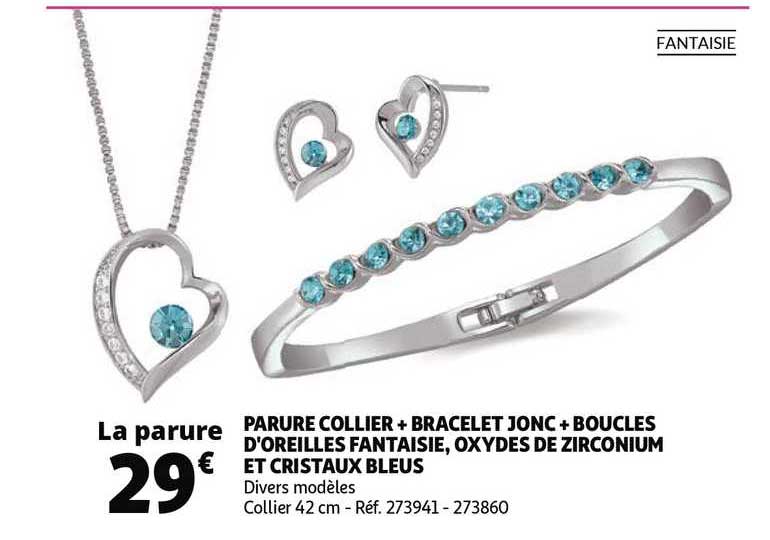 parure collier + bracelet jonc + boucles d'oreilles fantaisie, oxydes de zirconium et cristaux bleus