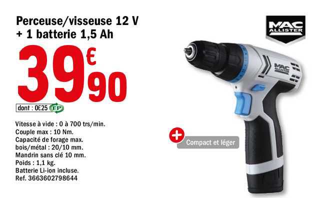perceuse - visseuse 12 v + 1 batterie 1,5 ah  mac allister