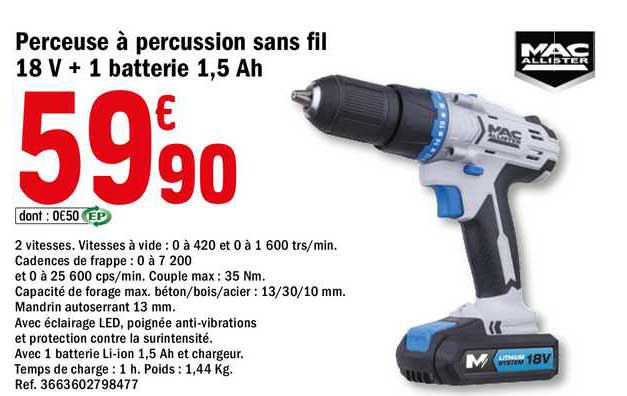 Perceuse à Percussion Sans Fil 18 V + 1 Batterie 1,5 Ah Mac Allister