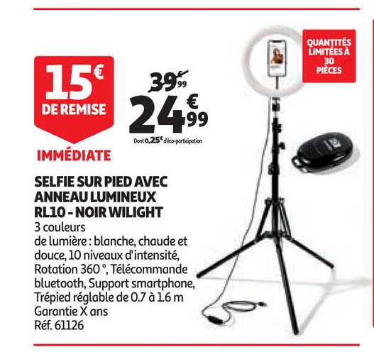 selfie sur pied avec anneau lumineux