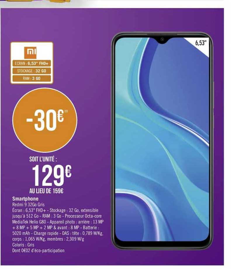 smartphone redmi 9 32go gris xiaomi