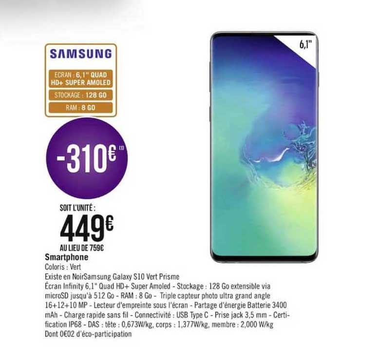 smartphone samsung galaxy s10 vert prisme