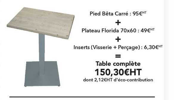 table complète pied bêta carré plateau florida inserts