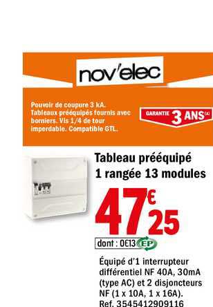 tableau prééquipé 1 rangée 13 modules nov'elec
