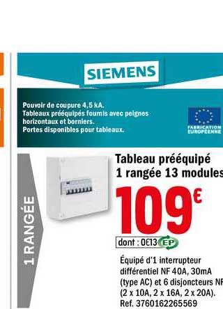 tableau prééquipé 1 rangée 13 modules siemens