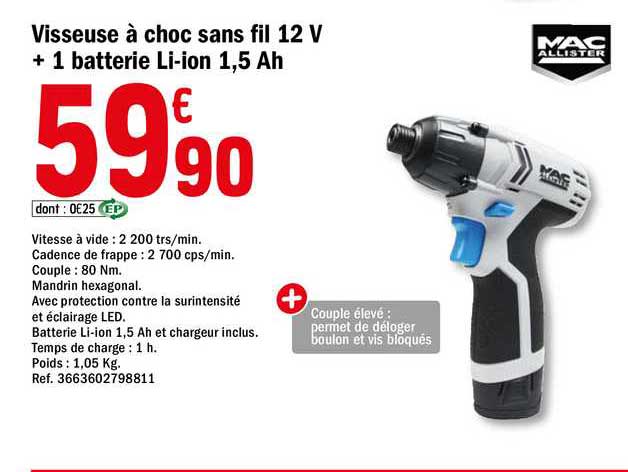 Visseuse à Choc Sans Fil 12 V + 1 Batterie Li-ion 1,5 Ah Mac Allister