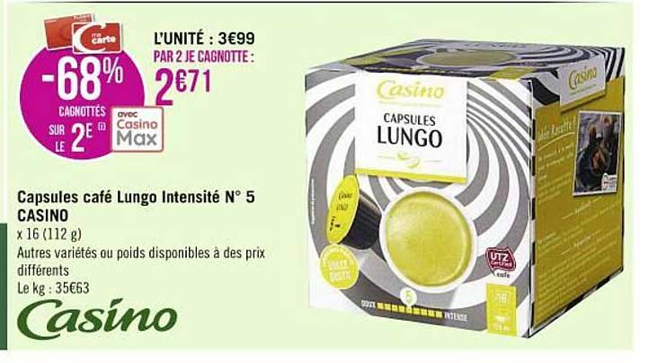 Capsules Café Lungo Intensité N°5 Casino
