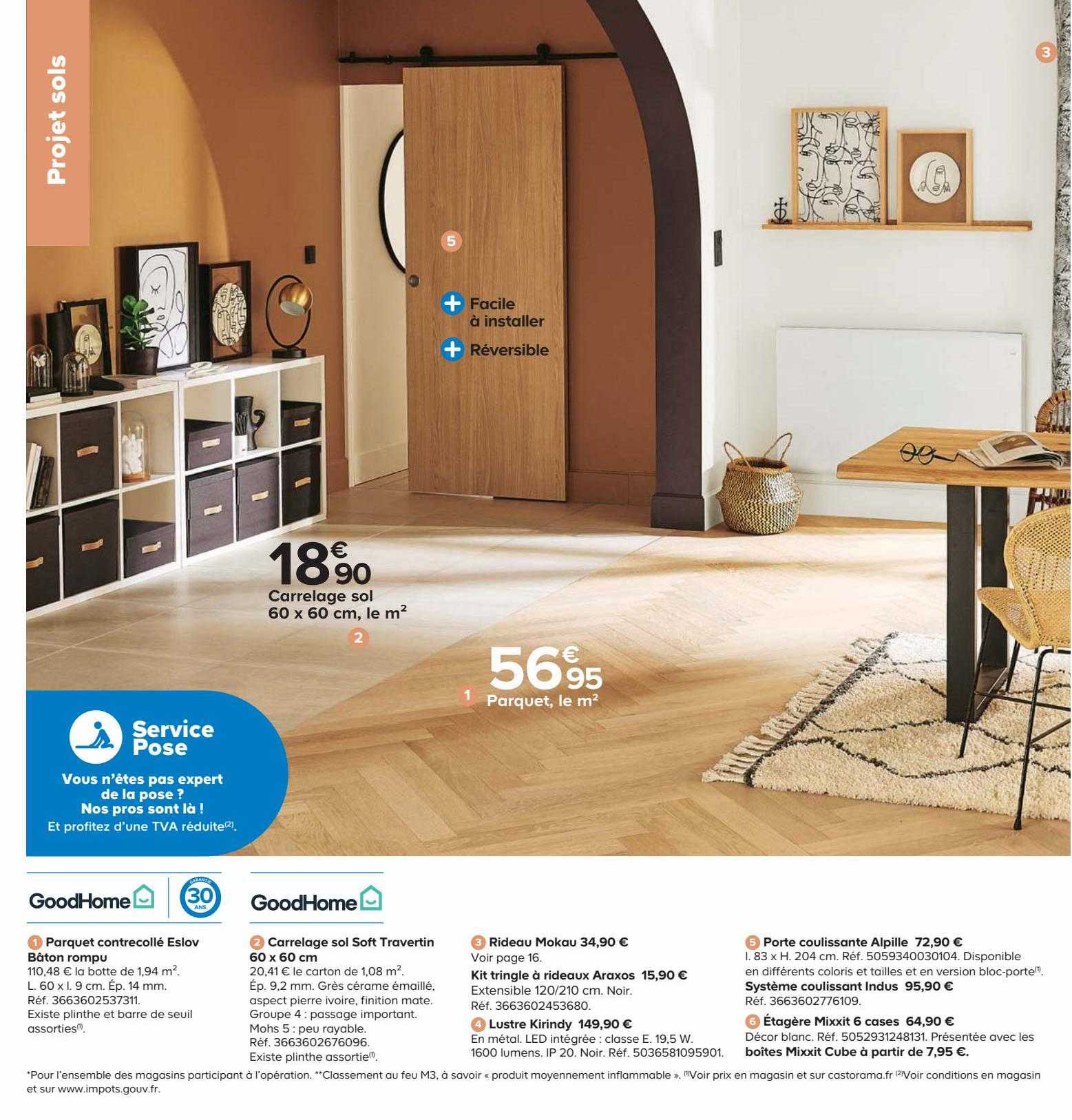 carrelage sol 60 x 60 cm, le m², parquet, rideau mokau, kit tringle à rideaux araxos, lustre kirindy, porte coulissante alpille, étagère mixxit 6 cases