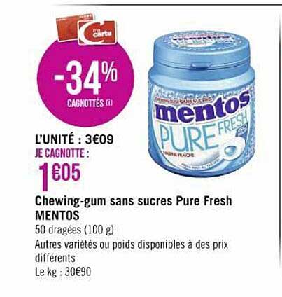 chewing-gum sans sucres pure fresh mentos