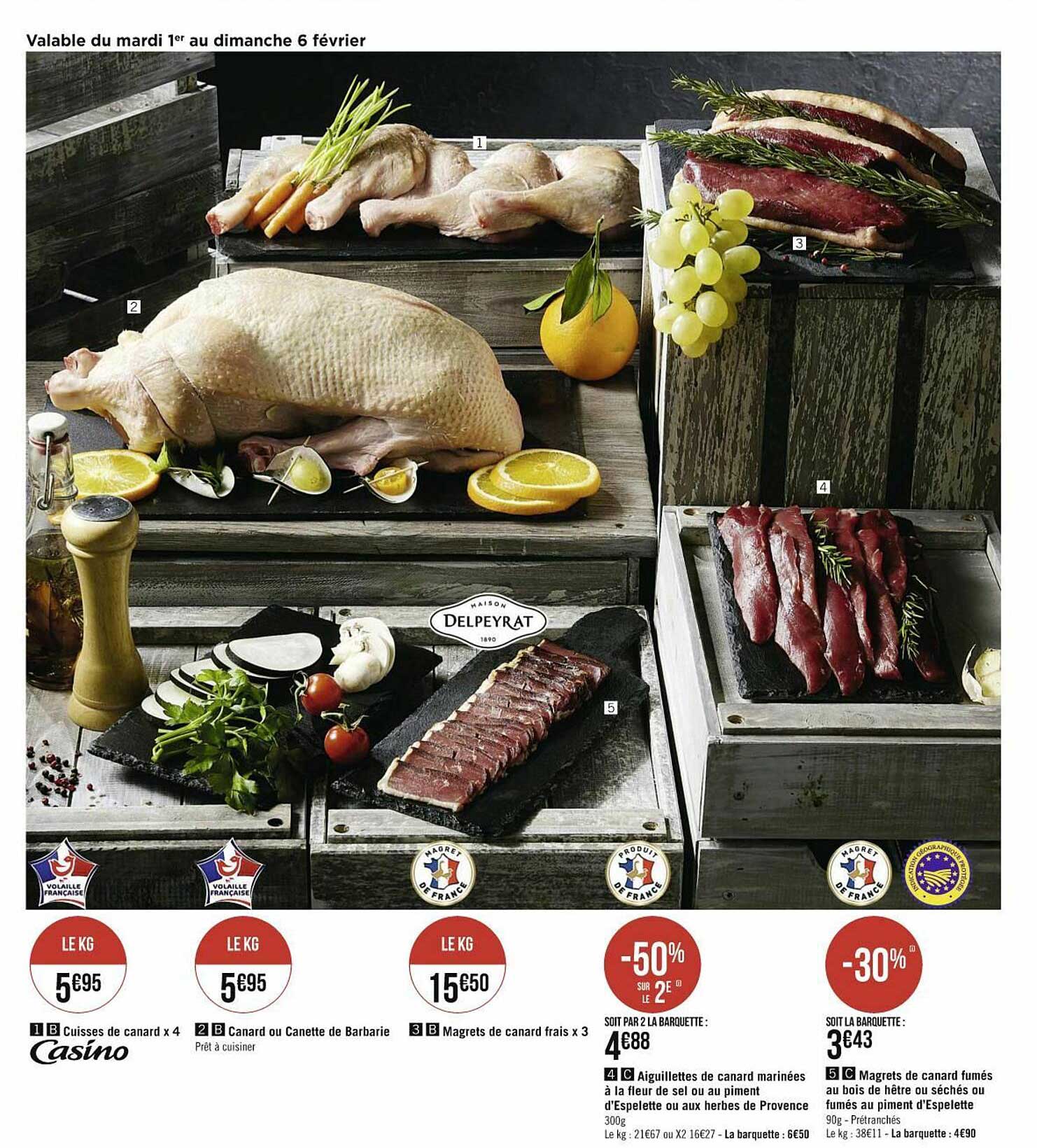 cuisses de canard x4, canard ou crevette de barbarie, magrets de canard frais x3, aiguillettes de canard marinées à la fleur de sel ou au piment d'espelette ou aux herbes de provence, magret de canard