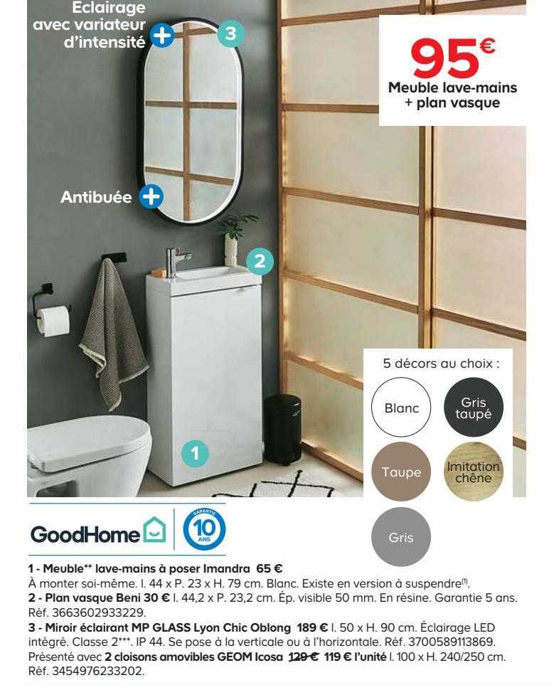 meuble lave-mains à poser imandra, plan vasque beni, miroir éclairant glass lyon chic oblong, 2 cloisons amovibles geom icoso