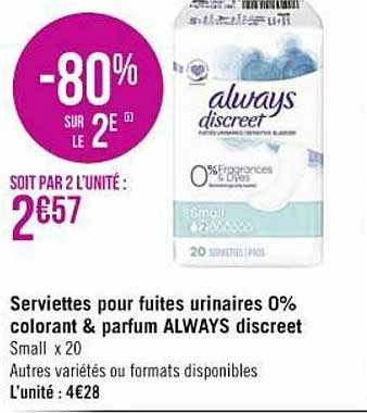 serviettes pour fuites urinaires 0% colorant & parfum always discreet