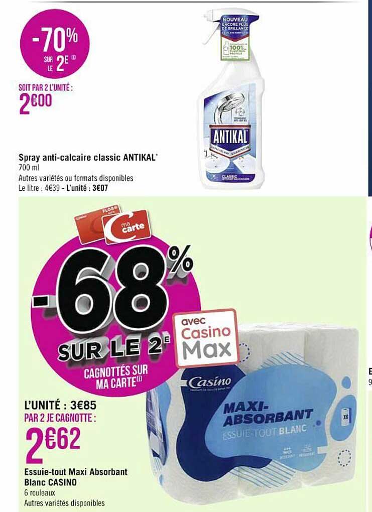 spray anti-calcaire classic antikal, essuie-tout maxi absorbant blanc casino