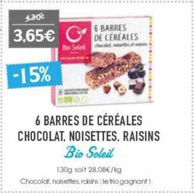 6 Barres De Céréales Chocolat, Noisettes, Raisins Io Soleil