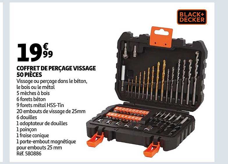 coffret de perçage vissage 50 pièces black+decker