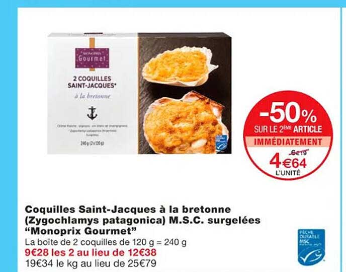 coquilles saint-jacques à la bretonne (zygochlamys patagonica) m.s.c. surgelées "monoprix gourmet"