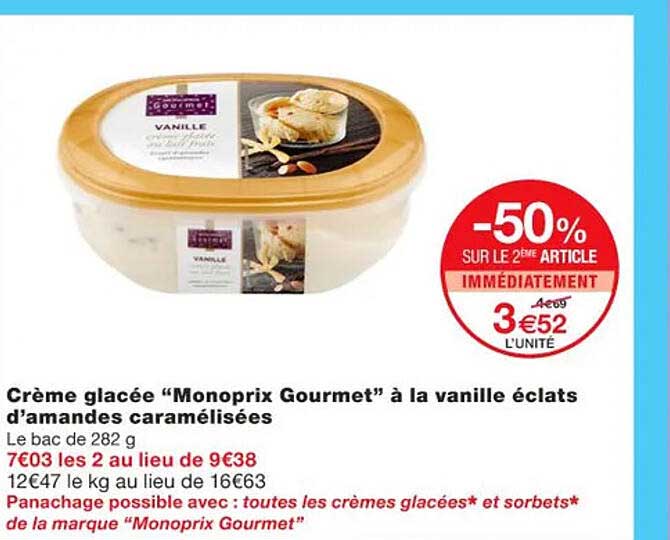 crème glacée "monoprix gourmet" à la vanille éclats d'amandes caramélisées