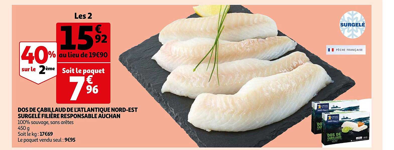 dos de cabillaud de l'atlantique nord-est surgelé filière responsable auchan