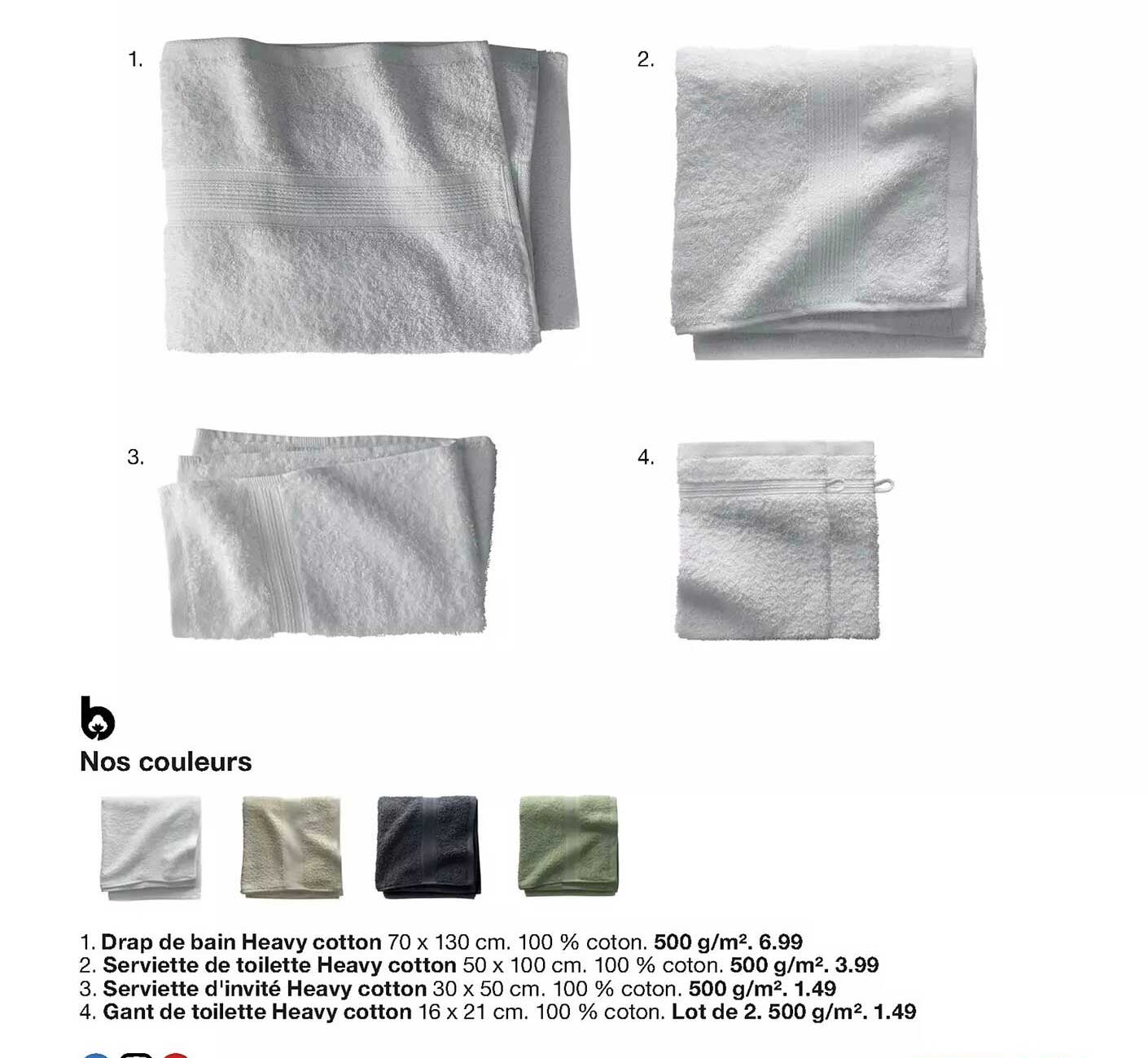 drap de bain heavy cotton, serviette de toilette heavy cotton, serviette d'invité heavy cotton, gant de toilette heavy cotton