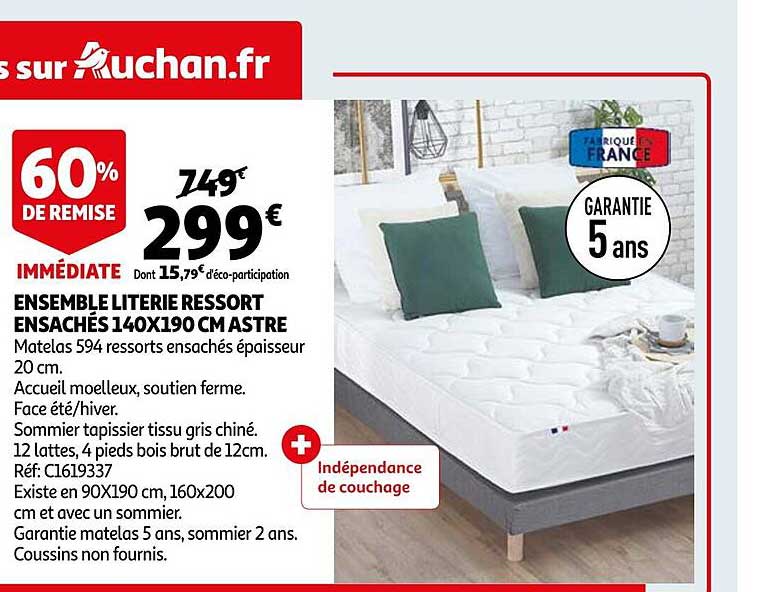 ensemble literie ressort ensachés 140 x 190 cm astre