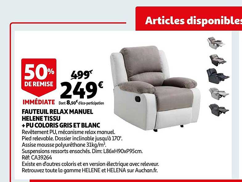 fauteuil relax manuel hélène tissu + pu coloris gris et blanc
