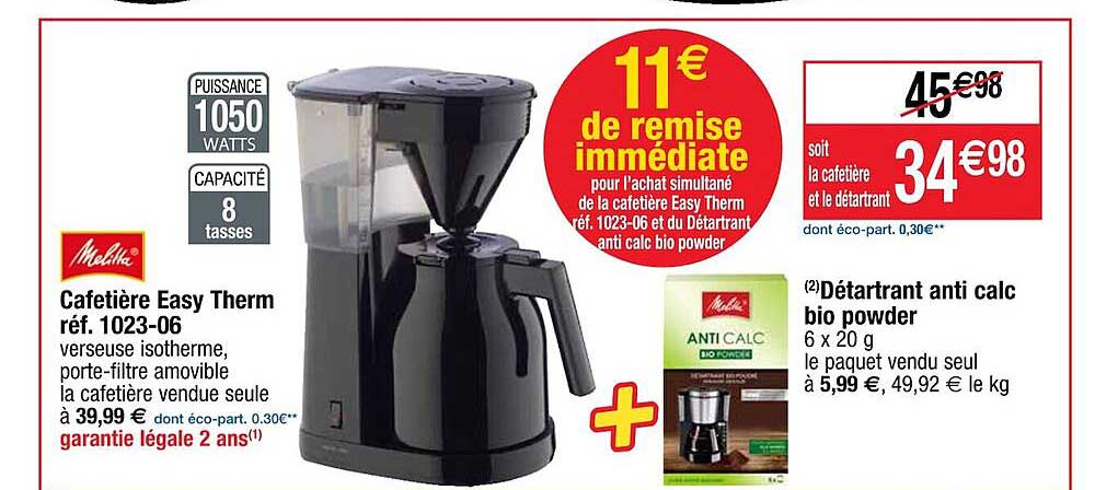 melitta cafetière easy therm + détartrant anti calc bio powder