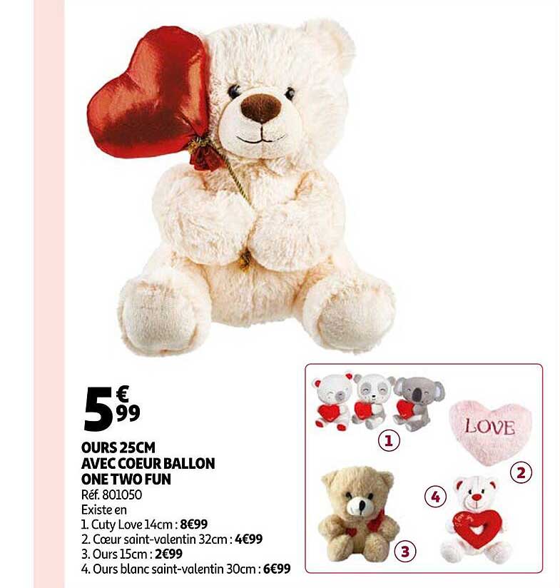 ours 25 cm avec cœur ballon one two fun