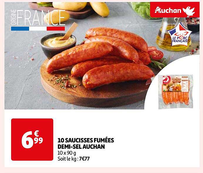 10 saucisses fumées demi-sel auchan