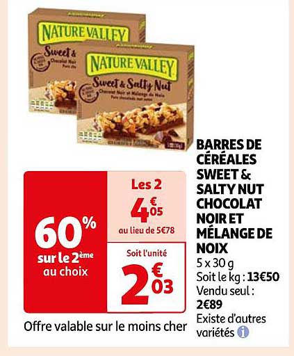 barres de céréales sweet & salty nut chocolat noir et mélange de noix